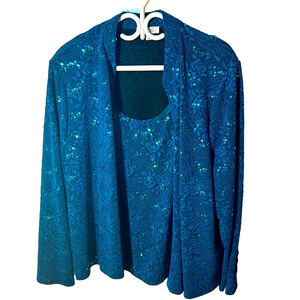 Plus Size 3X/24W Tradition Sears Blue Floral Sequined Cardigan with Tank Top
